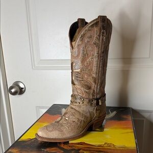 Women's Tan Embroidered Western Heeled Boot with Studded Harness